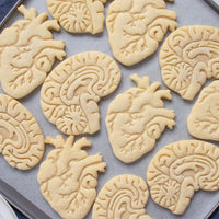 anatomical heart and anatomical brain cookies on a tray