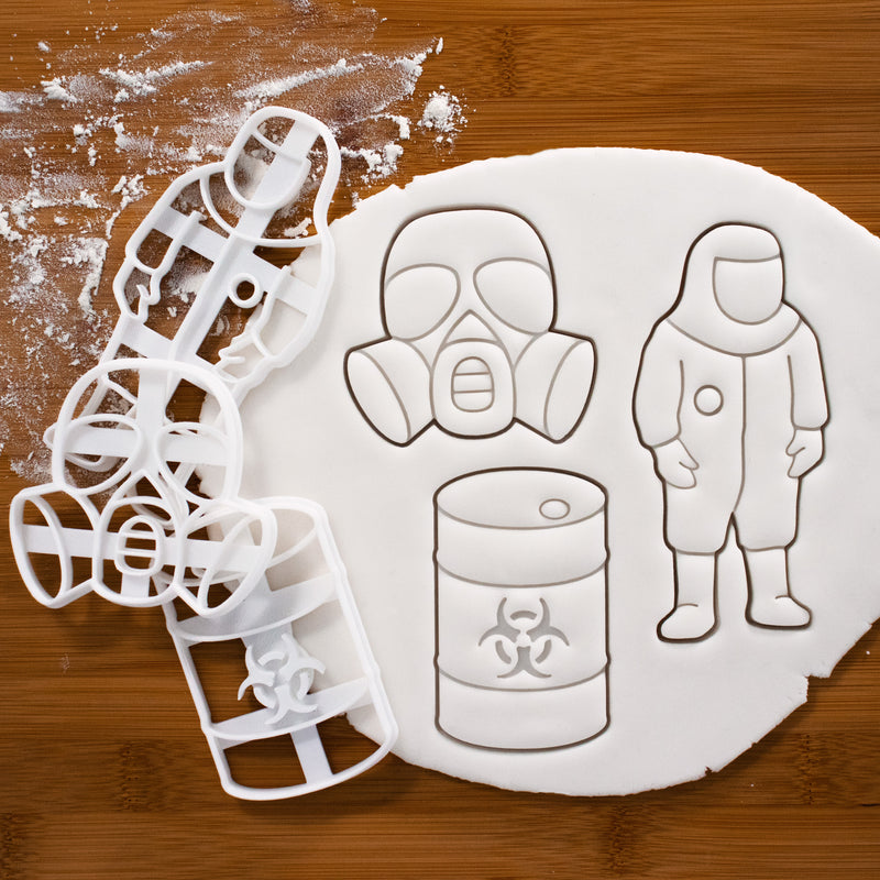 Set of 3 Cookie Cutters: Biohazard Suit, Gas Mask, & Waste Container