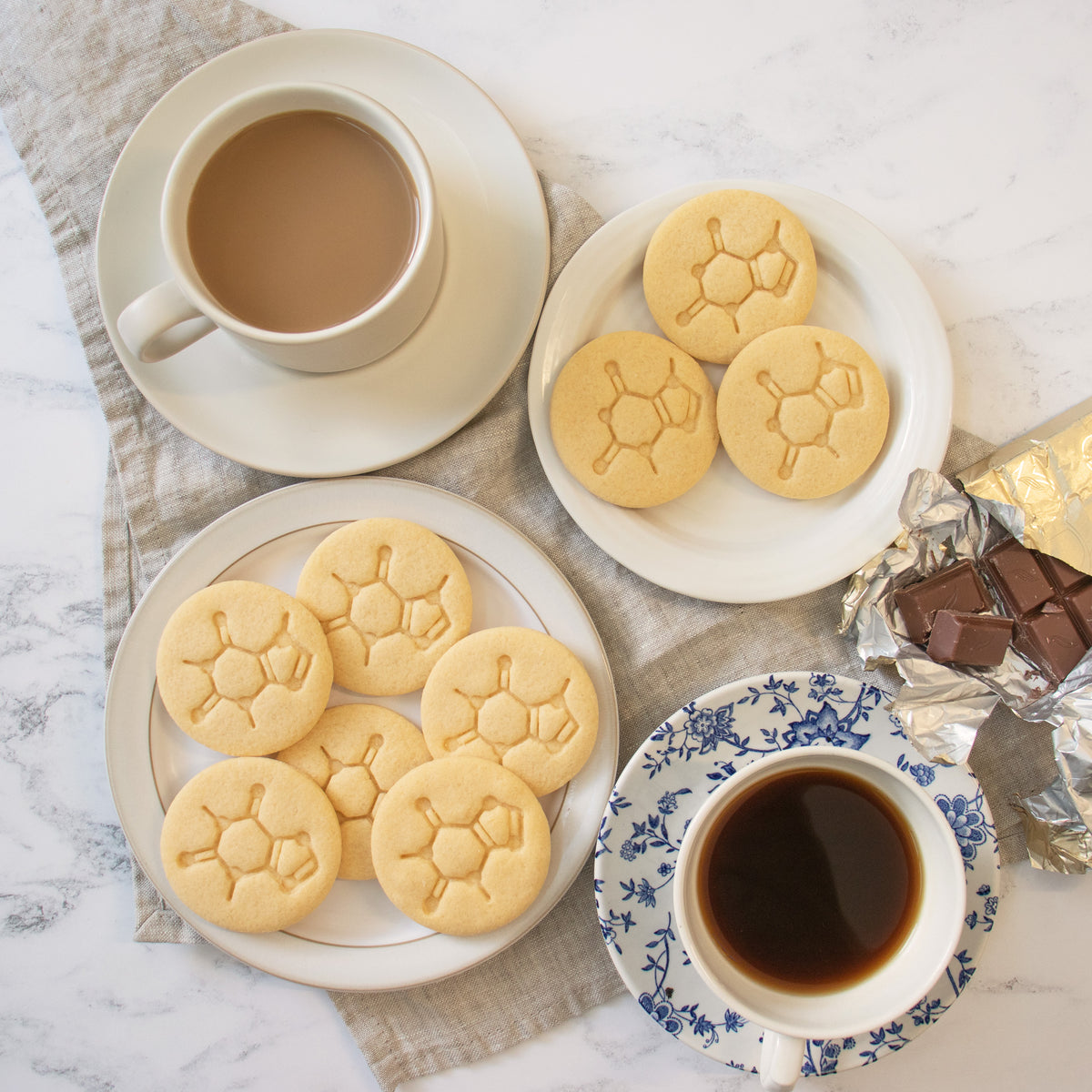 set of 3 food molecule cookies, featuring chocolate, caffeine and tea chemistry