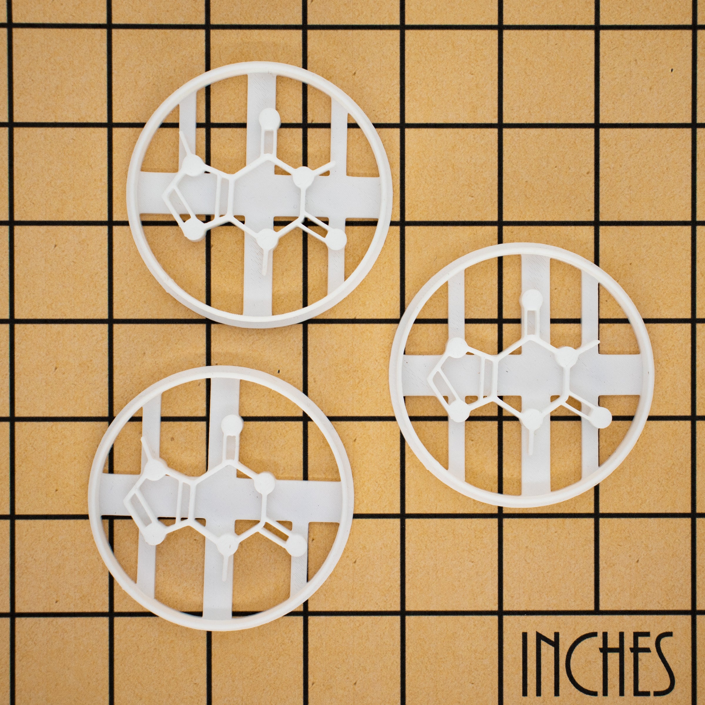 set of 3 food molecule cookie cutters, featuring chocolate, caffeine and tea chemistry