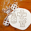 Set of pharmacy themed fondant cutters (pharmacy logo, pill bottle, pestle and mortar)