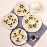 science symbol cookies, featuring biohazard, toxic, radioactive and atom