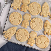 set of 3 space themed cookies: Astronaut, earth and rocket