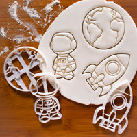 set of 3 space themed cookie cutters: Astronaut, earth and rocket