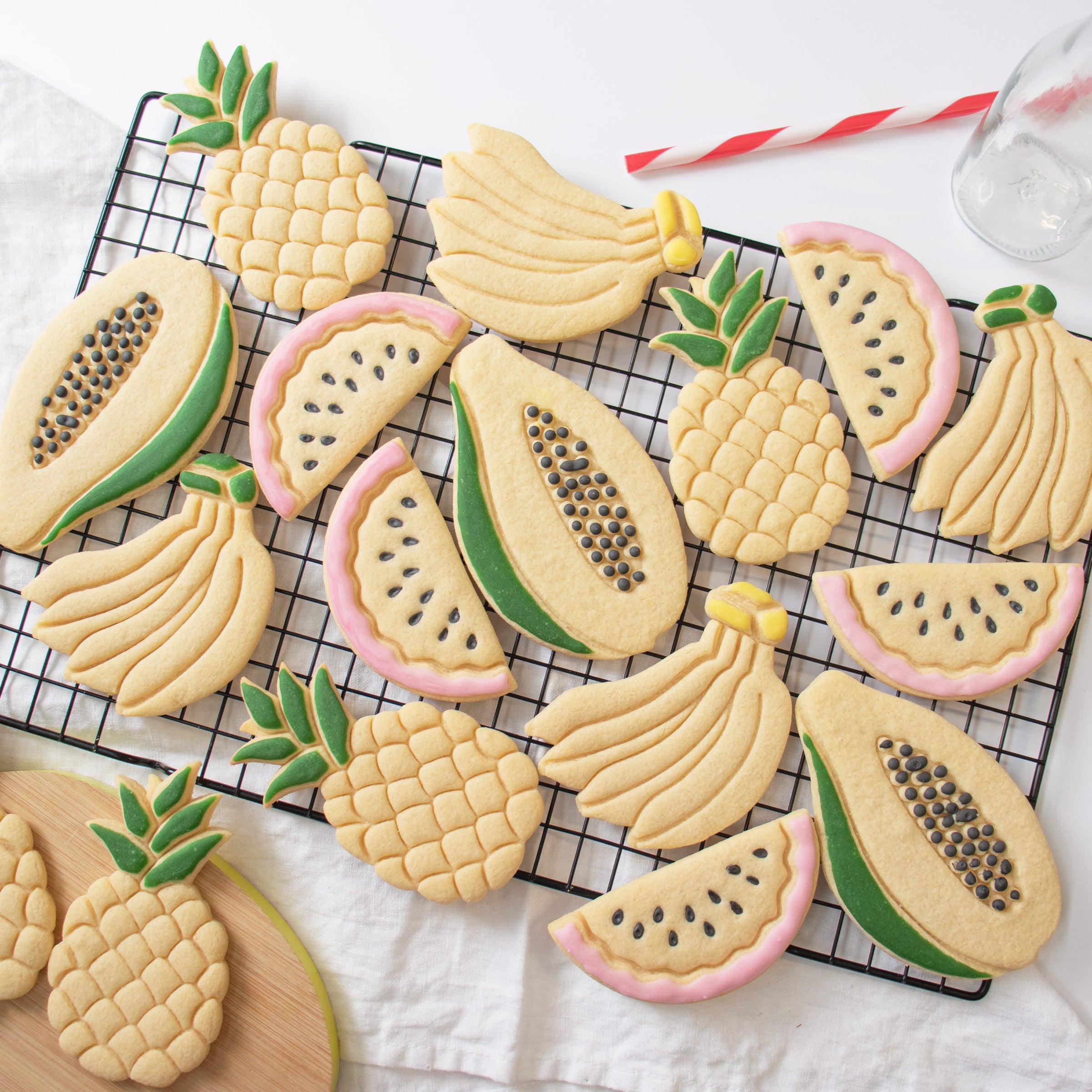 set of 4 tropical fruit cookies - banana, pineapple, watermelon, papaya