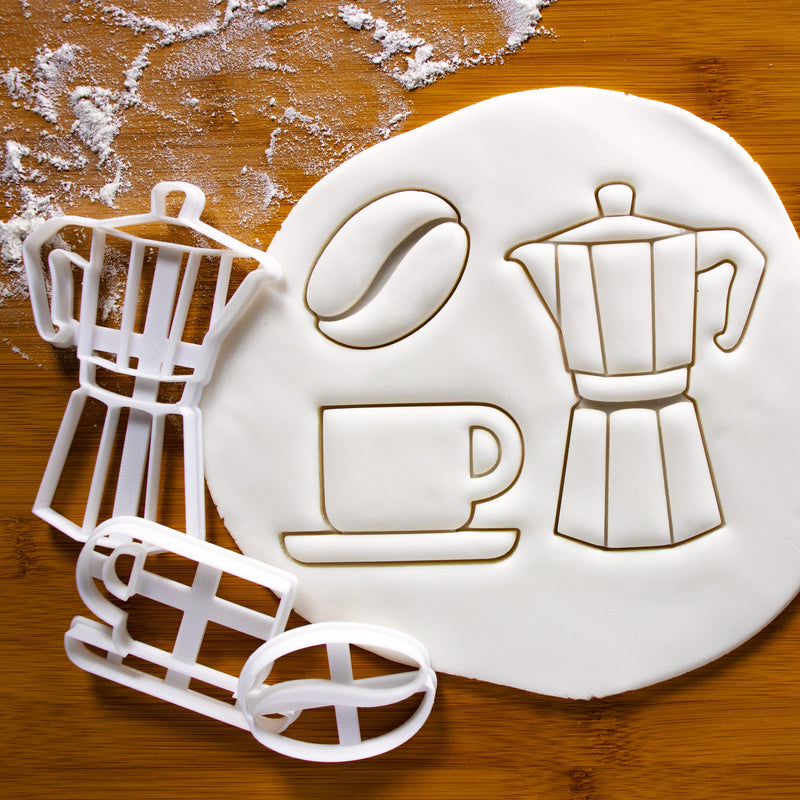 set of 3 coffee themed cookie cutters, featuring a moka pot, coffee bean and coffee cup cookie cutters