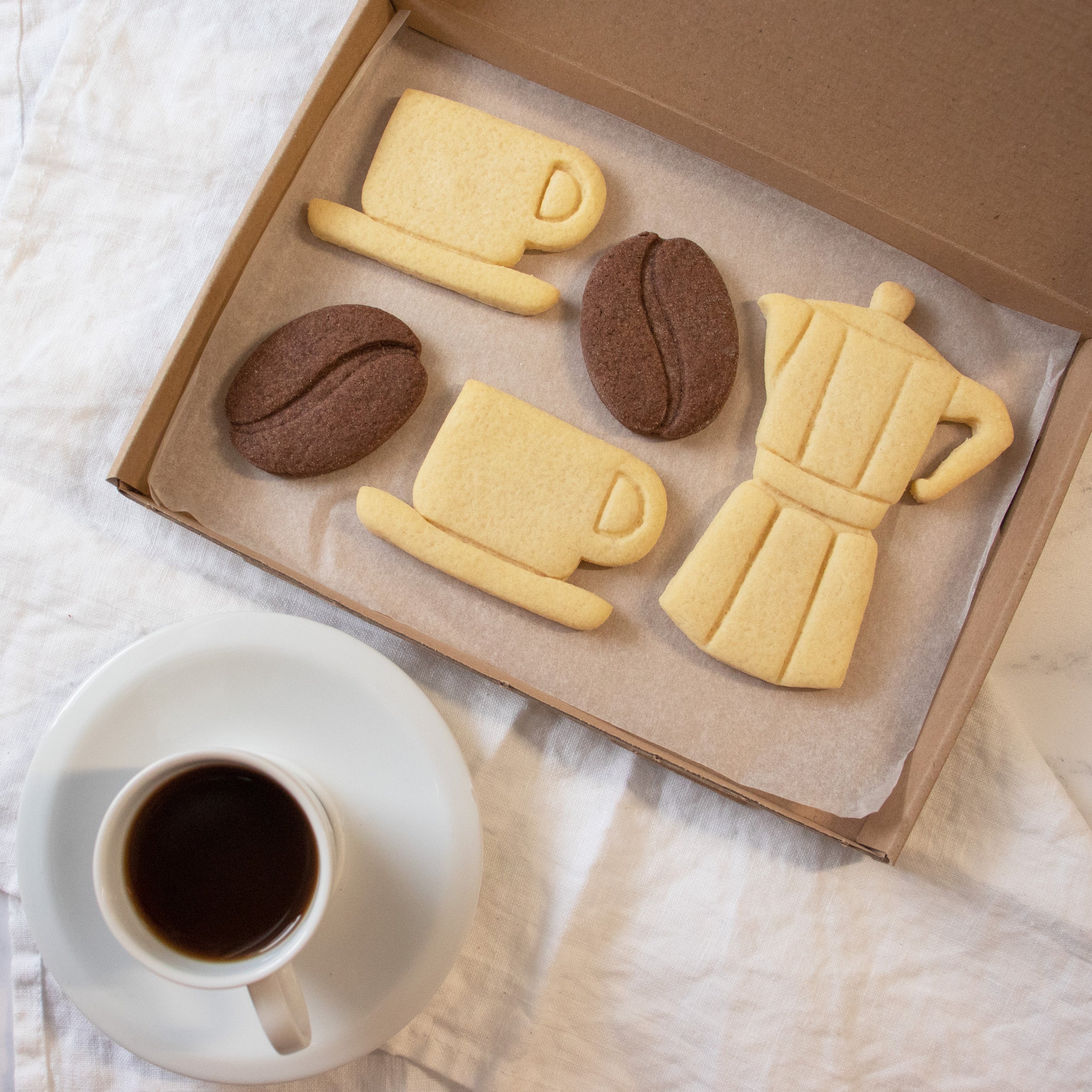 coffee bean, cup and moka pot cookies