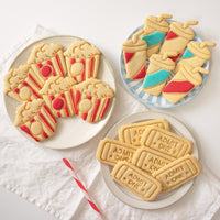 set of 3 cookie cutters, featuring popcorn, admit one ticket and soft drink cookies