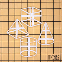 set of 4 3D geometric shape cookie cutters, featuring a cone, cube, cylinder and a pyramid