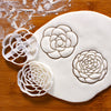 Set of 2 flower cookie cutters, featuring a simple and a complex designed camellia flowers pressed on fondant