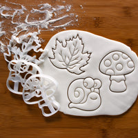 set of 3 autumn themed cookie cutters - snail, maple leaf, and mushroom