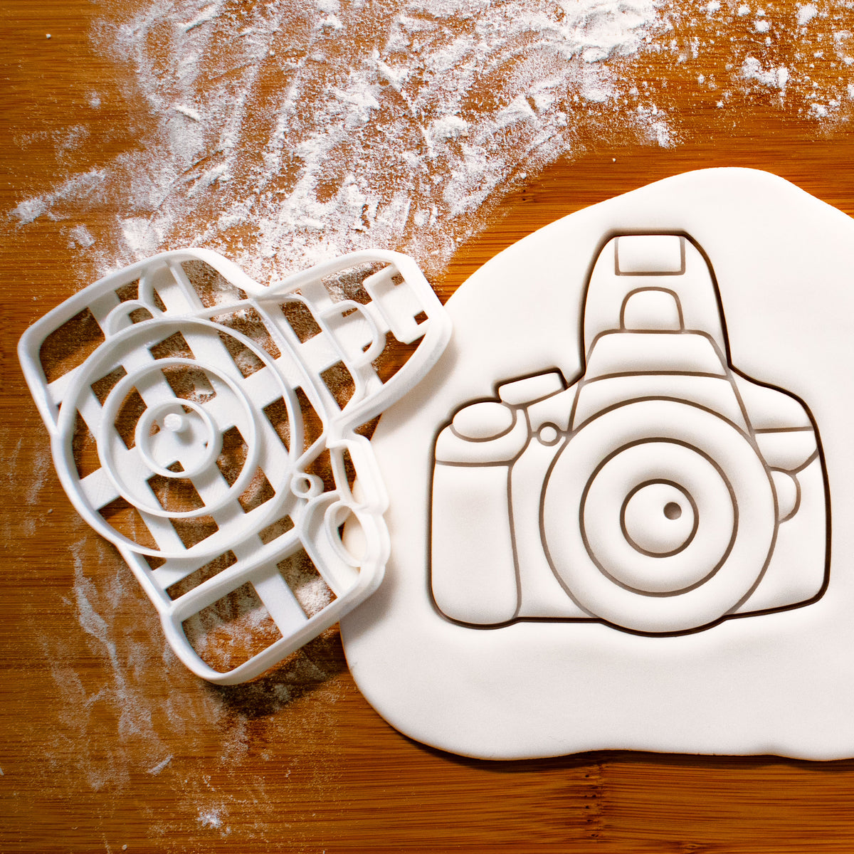 DSLR camera cookie cutter pressed on fondant