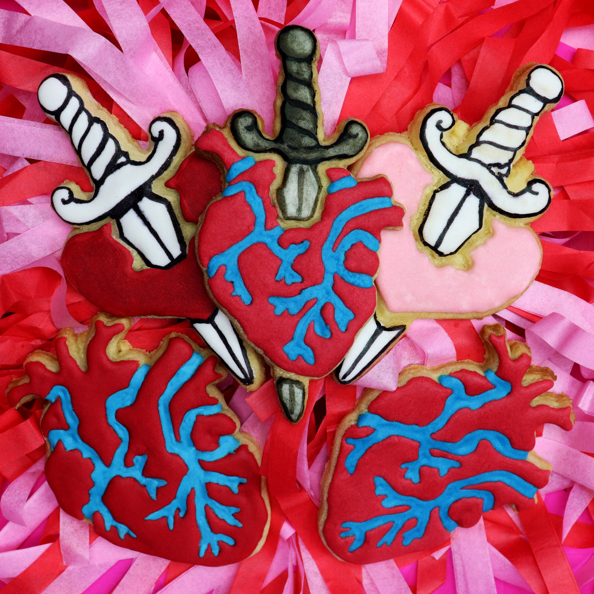 set of 2 dagger in heart cookies