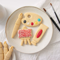 set of 4 artist accessories: featuring a palette, paintbrush, paint tube and easel stand cookies