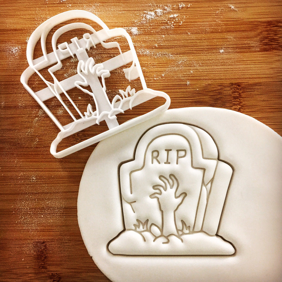 zombie tombstone cookie cutter pressed on fondant