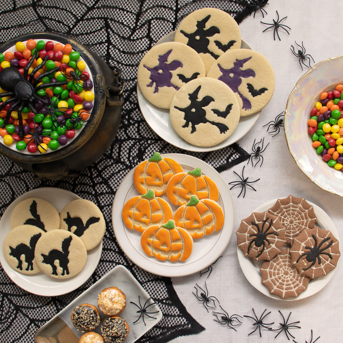 set of 3 halloween themed cookie: pumpkin jack o lantern, halloween witch and halloween cat