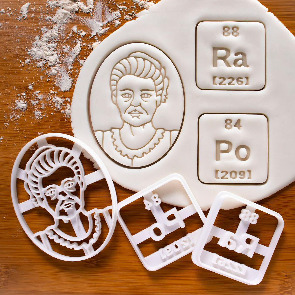 Set of 3 Cookie Cutters: Marie Curie, Radium & Polonium Periodic Table Elements