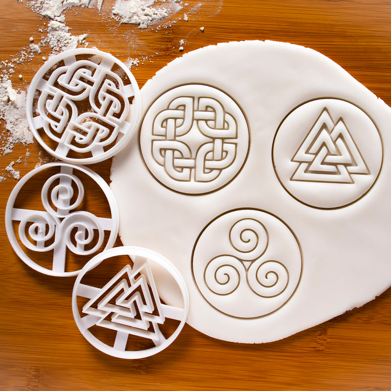 Set of 3 Nordic Runes Cookie Cutters: Celtic Shield Knot, Triskelion, & Valknut