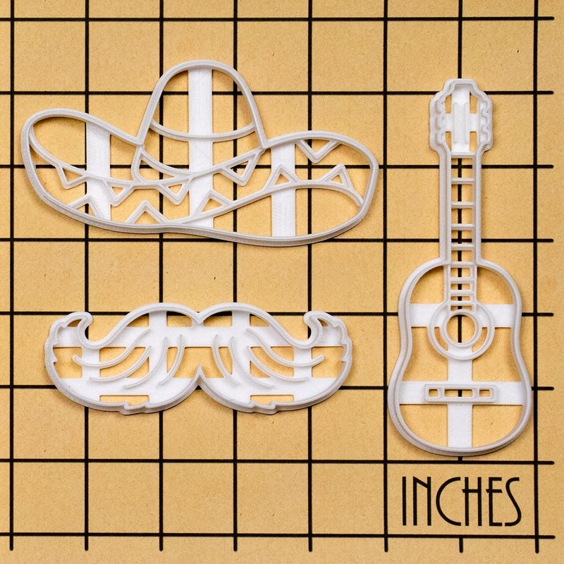 Set of 3 Mexican themed Cookie Cutters: Sombrero Hat, Guitar, & Mustache
