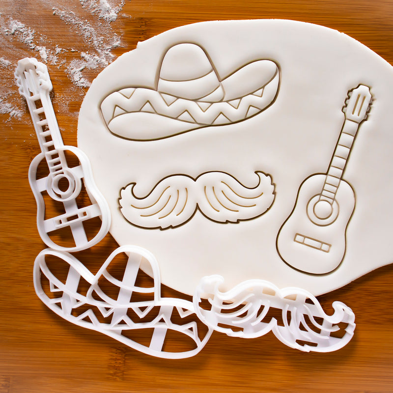Set of 3 Mexican themed Cookie Cutters: Sombrero Hat, Guitar, & Mustache