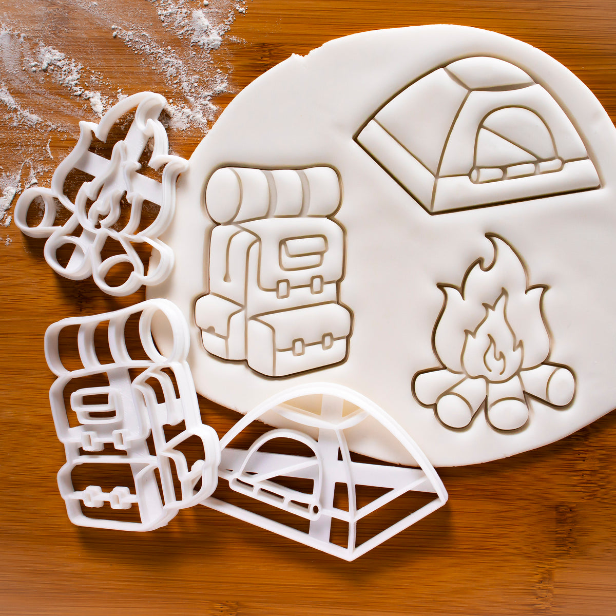 Set of 3 Camping themed Cookie Cutters: Backpack, Tent, Bonfire