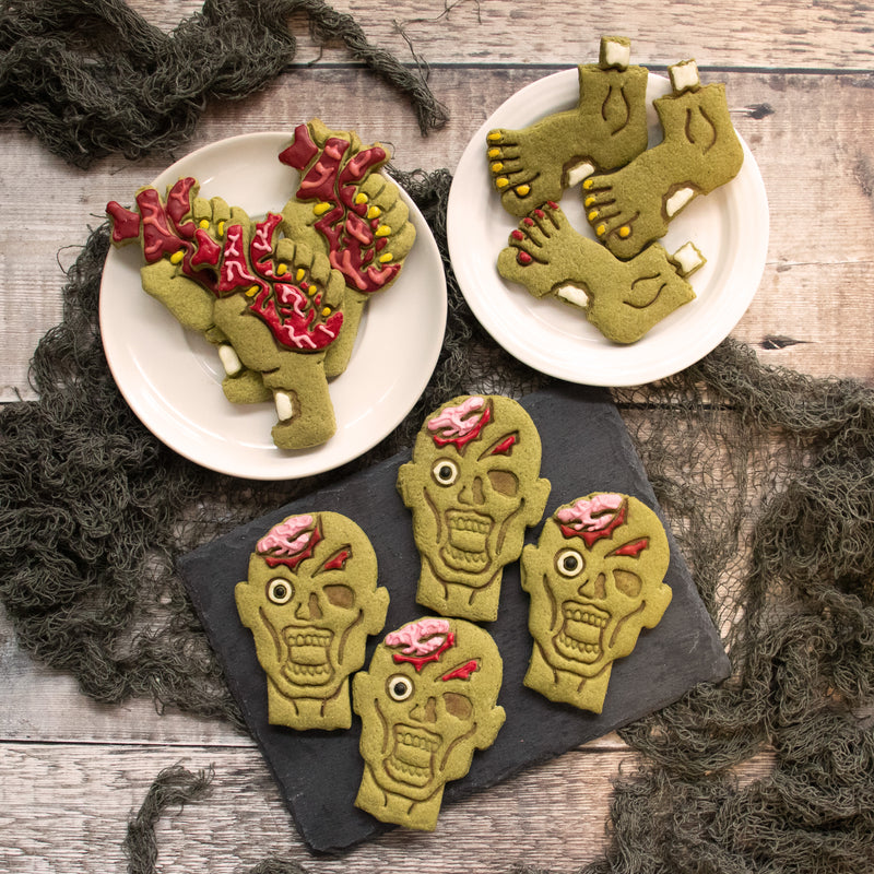 zombie head, foot and heart matcha halloween cookies