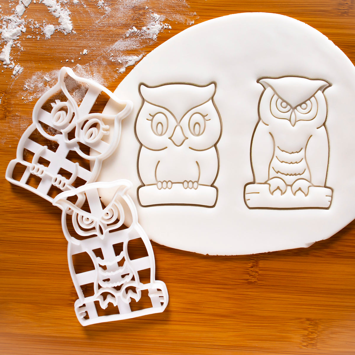 set of 2 owl cookie cutters, great horned owl and cute owl