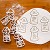 Set of 4 UFO Christmas Abduction Cookie Cutters (Abducts Santa Claus, Present, Snowman, and Xmas Tree)