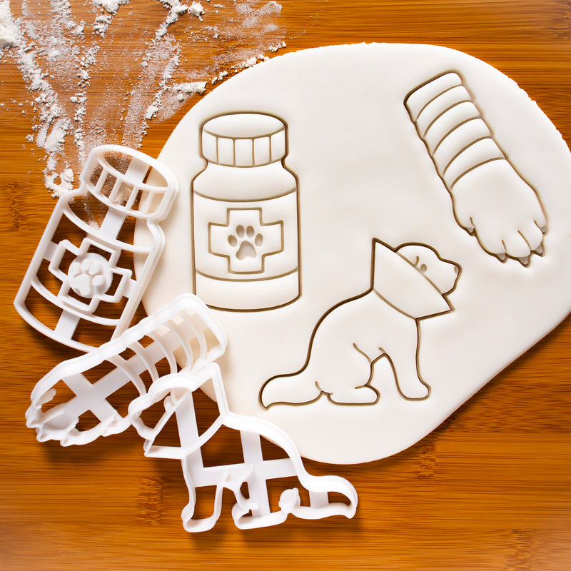 Set of 3 Dog Visit Cookie Cutters: Cone of Shame, Bandaged Paw, and Pill Bottle