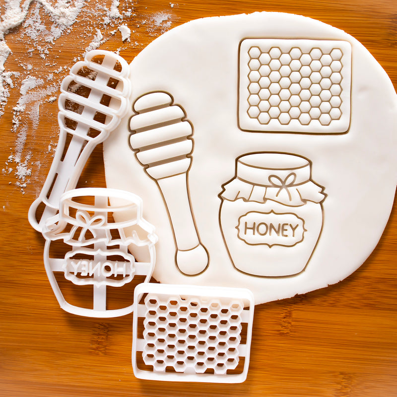 Set of 3 Honey themed Cookie Cutters: Honey Cut Comb, Honey Pot, Honey Dipper
