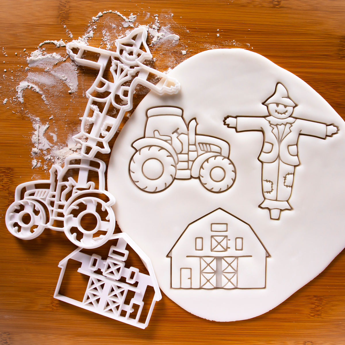 Set of 3 Farming Cookie Cutters (Barnhouse, Scarecrow, & Tractor)