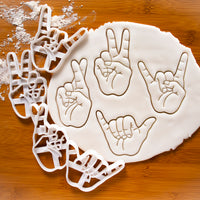 set of 4 hand sign cookie cutters: Victory V Rock horns luck crossed fingers shaka