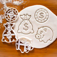 Set of 3 Money themed Cookie Cutters: money bag, gold coin, piggy bank