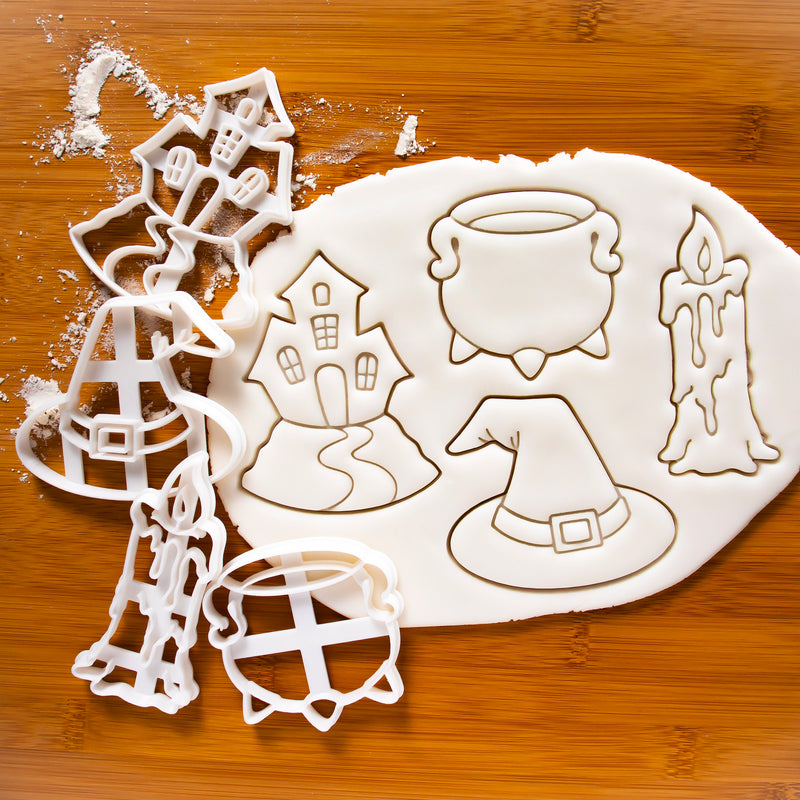 Set of 4 Witchcraft themed Cookie Cutters: Candle, Witch Hat, Cauldron, and Haunted House
