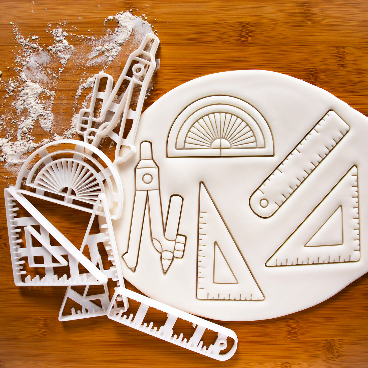 Set of 5 Technical Drawing Instrument Cookie Cutters: Compass, Ruler, 45 Degree Set Square, 60 Degree Set Square, Ruler