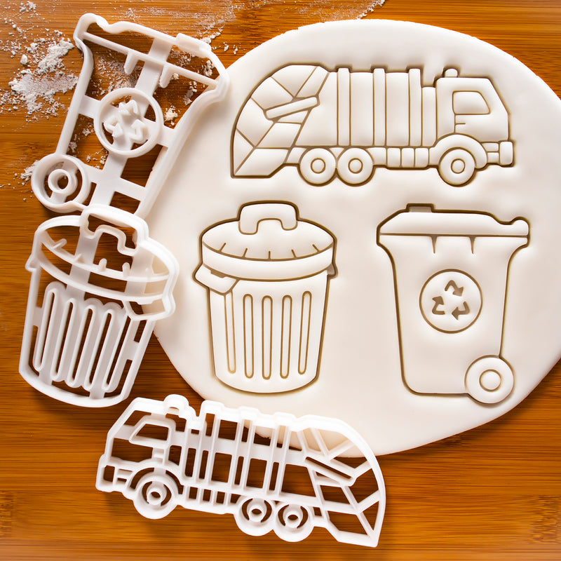 Set of 3 Garbage themed Cookie Cutters: Rubbish Bin, Rubbish Truck, and Recycling Wheelie Bin