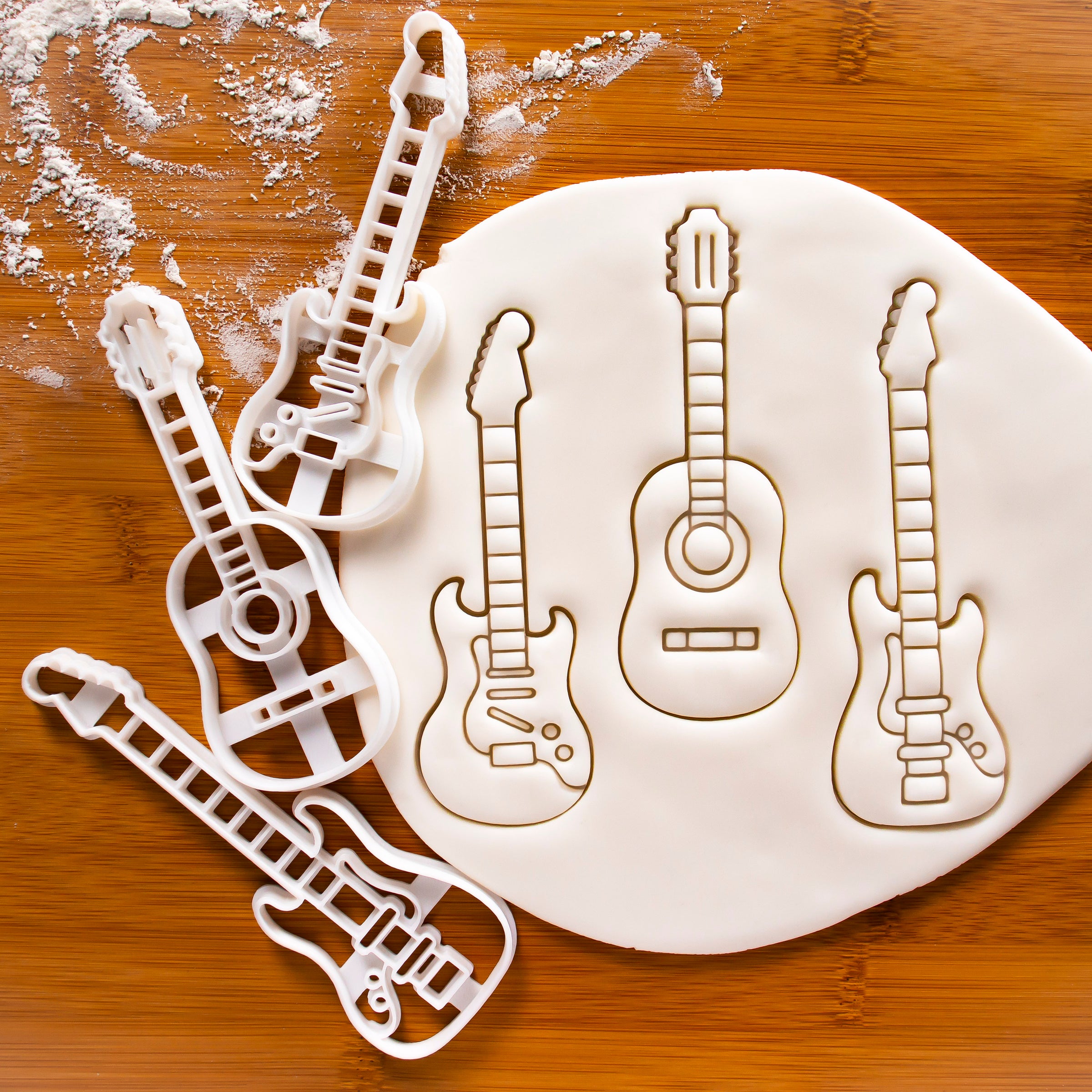 Set of 3 Guitar Cookie Cutters - Acoustic, Electric and Electric Bass Guitars