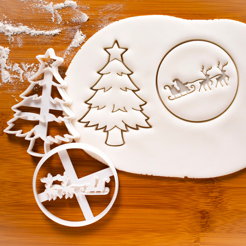Christmas Tree and Santa Claus on Reindeer Sleigh Cookie Cutters