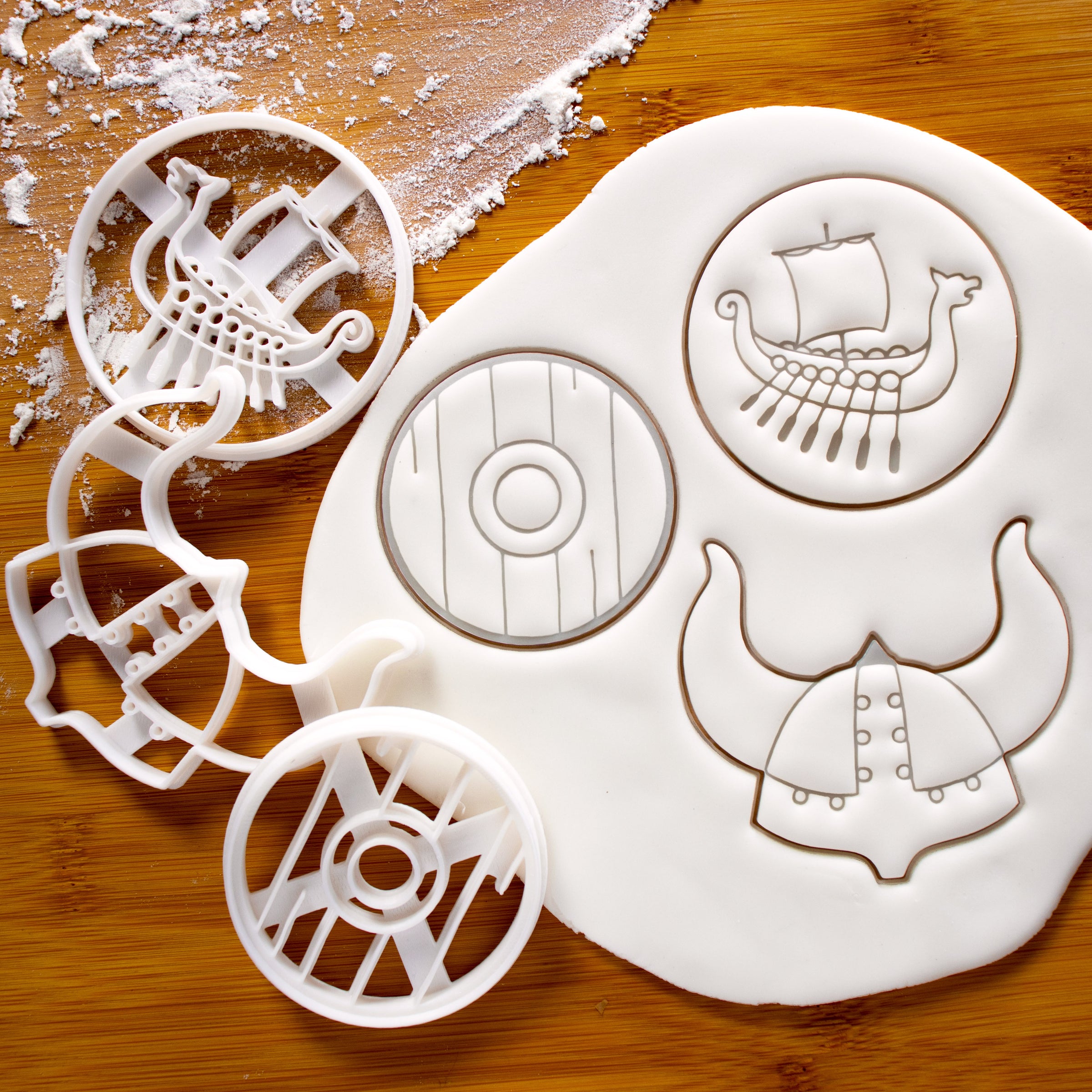 Set of 3 Viking theme Cookie Cutters: Viking Helmet, Viking Shield, and Viking Ship