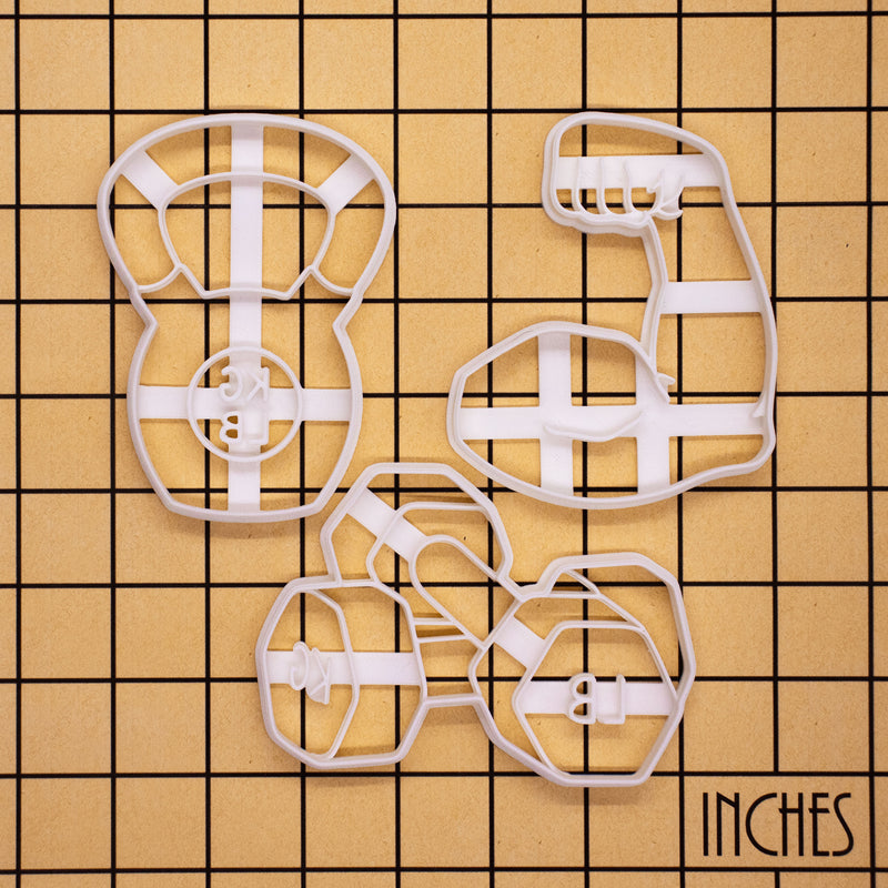 set of 3 weight training cookie cutters - kettlebell, dumbbells, and flexed bicep cookie cutters